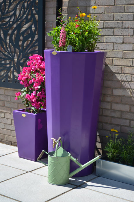 purple water butt planter and matching planter