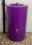 purple water butt fitted with brass tap